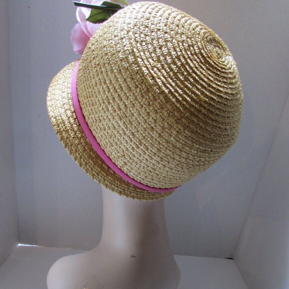 SALE Sweet Mid Century Cloche Style Straw Hat with Pink Rose main image 5